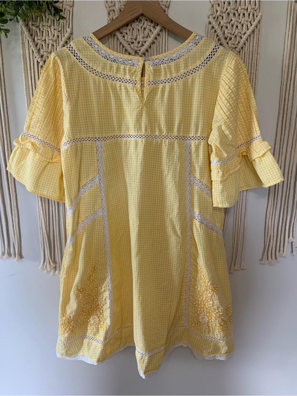 FREE PEOPLE Sunny Day Yellow Gingham Cotton Lace Dress Medium - Picture 3 of 10